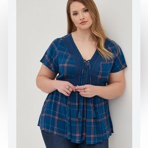 sz 1 TORRID babydoll crinkle gauze crochet inset lace up top  plaid blue